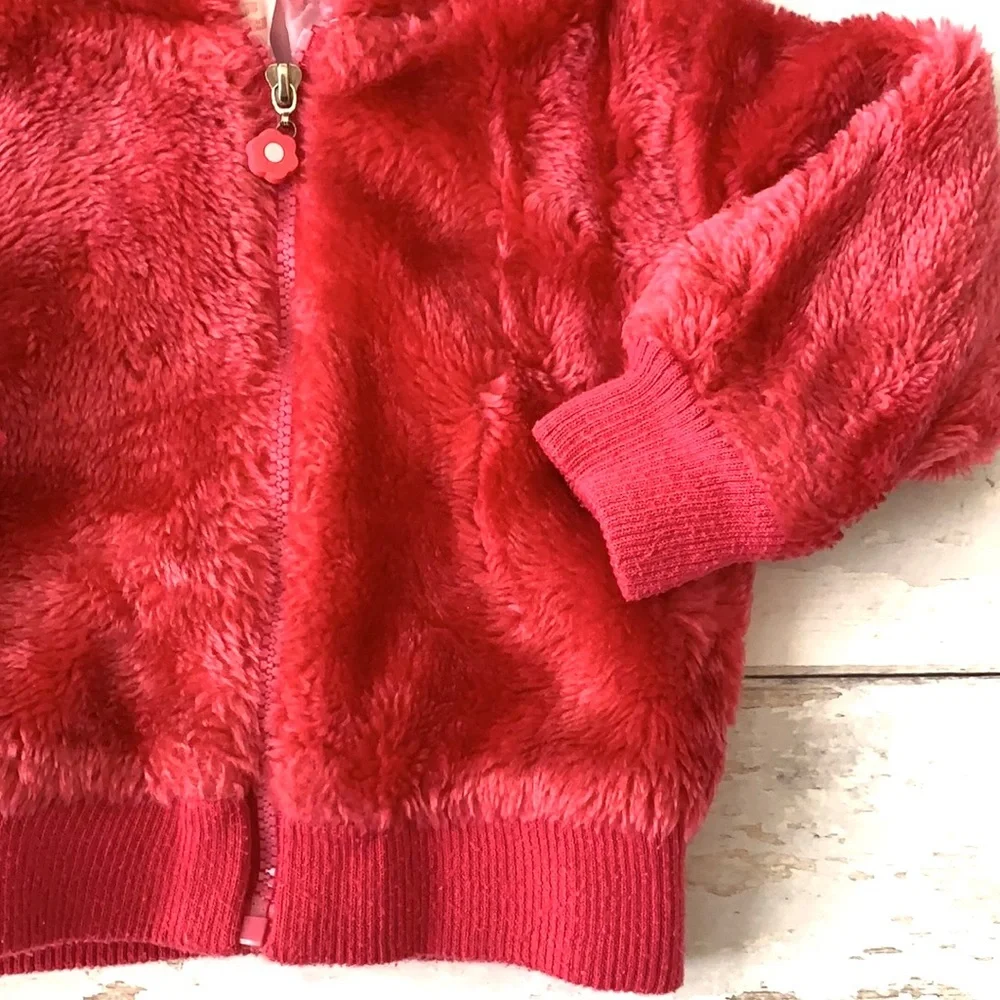 Girls 2T Fuzzy Furry Fleece Zip Up Hoodie Sweatshirt Jacket Pink Magenta